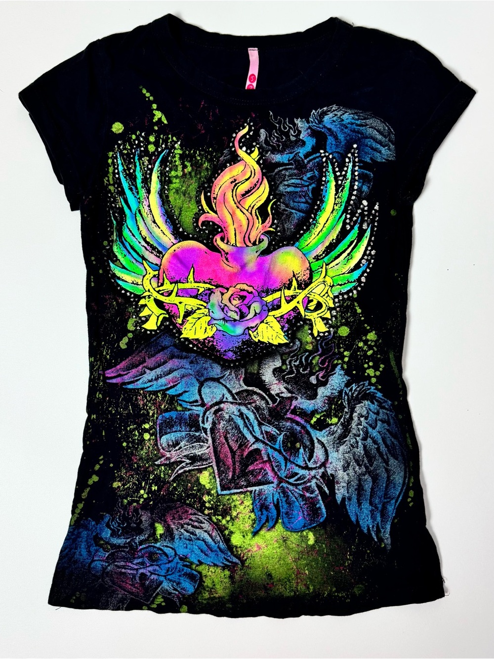 579 Women's Black Tee with Neon Heart and Wing Graphic